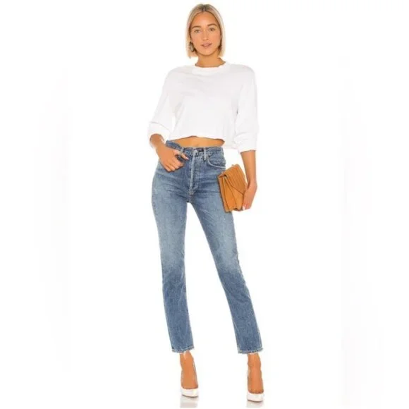 Agolde Riley High Rise Straight Crop Stretch Skinny Button Fly Denim Jeans 24 - Picture 3 of 15
